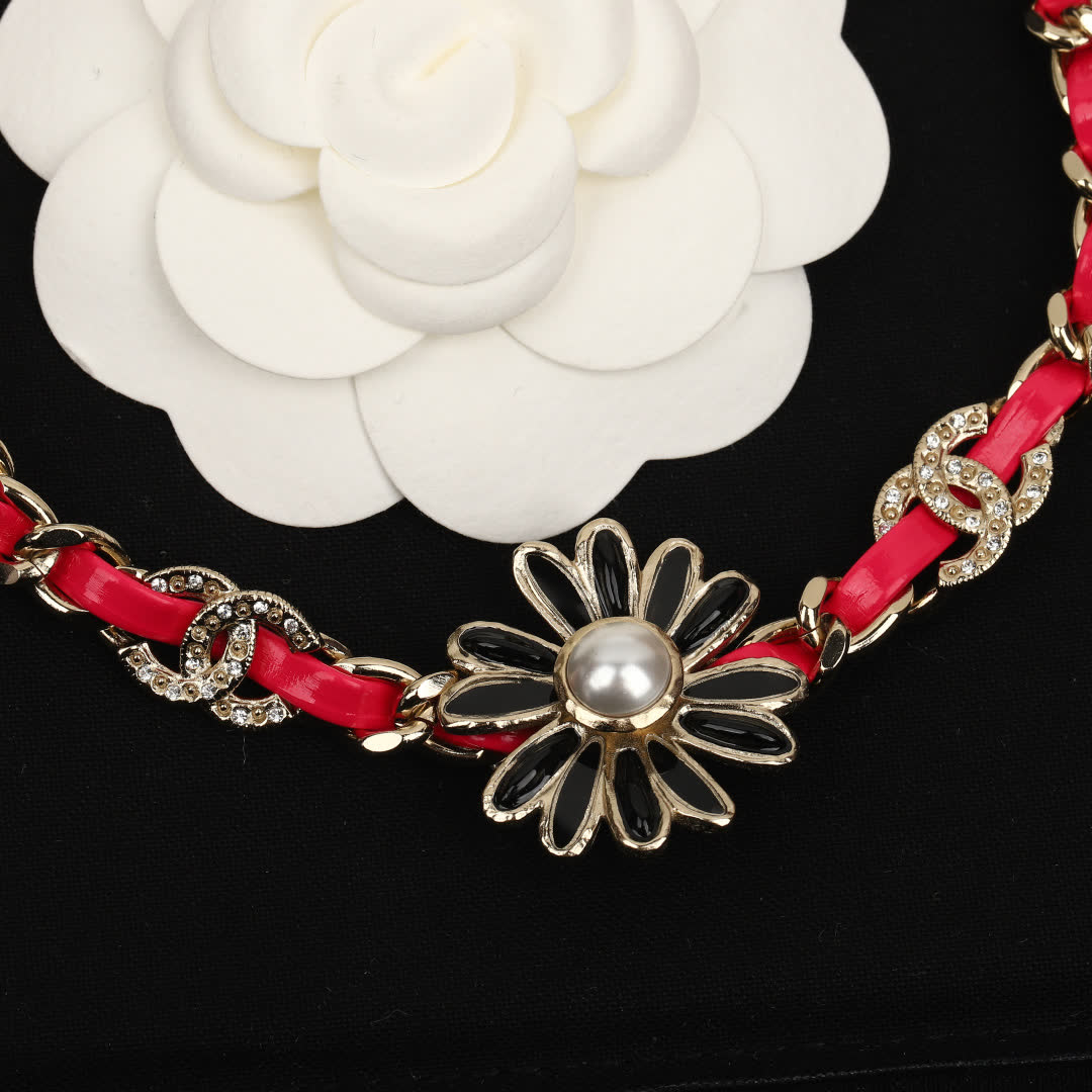 Chanel Red and Silver Flower Necklace
