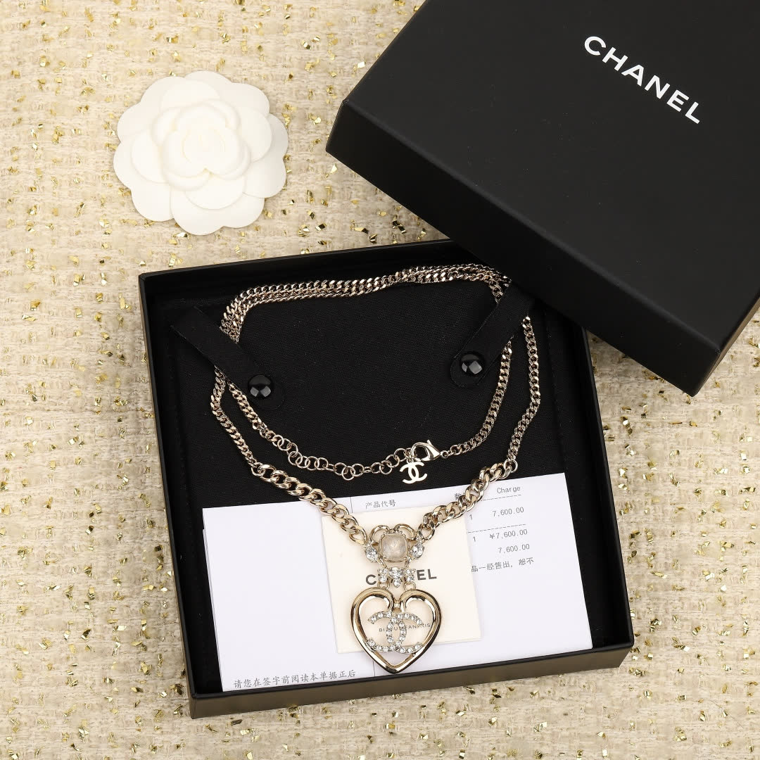 Chanel Double Chain Necklace with Heart Pendant