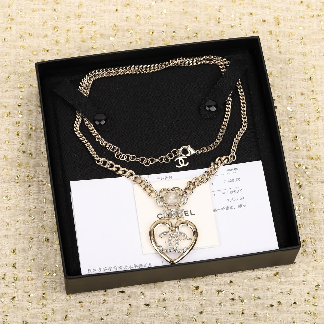 Chanel Double Chain Necklace with Heart Pendant