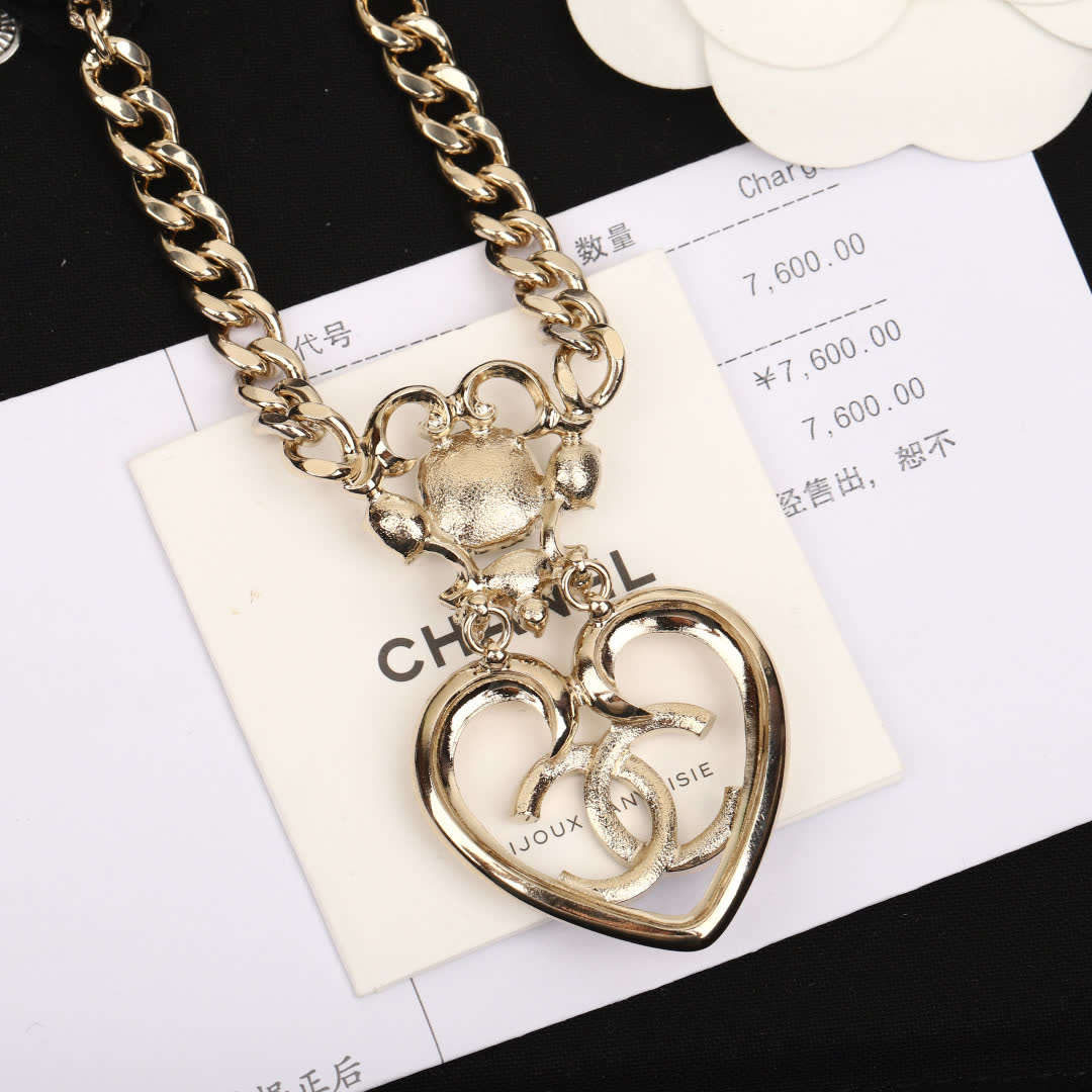 Chanel Double Chain Necklace with Heart Pendant
