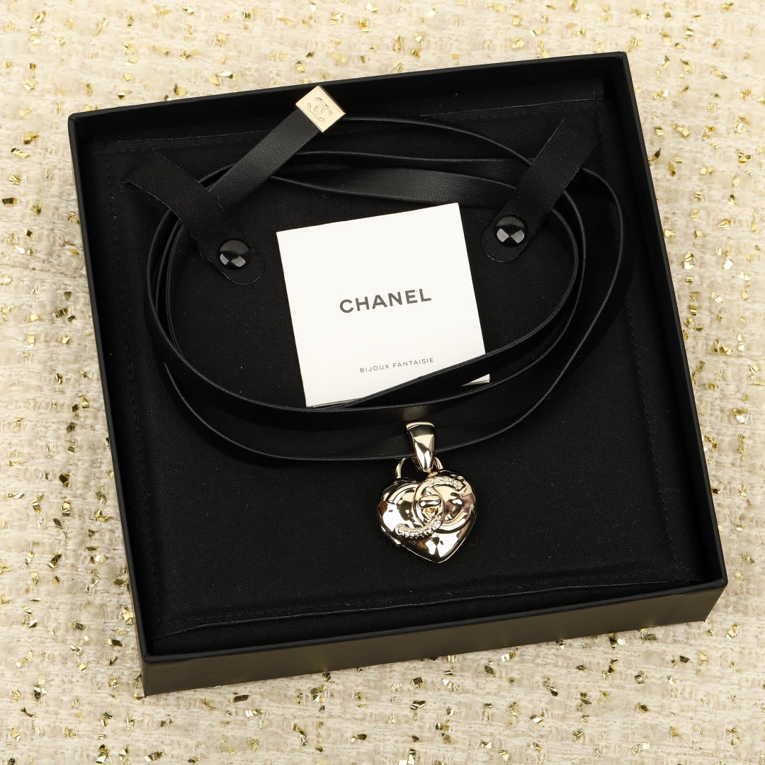 Chanel Black Leather Necklace with Gold Heart Pendant