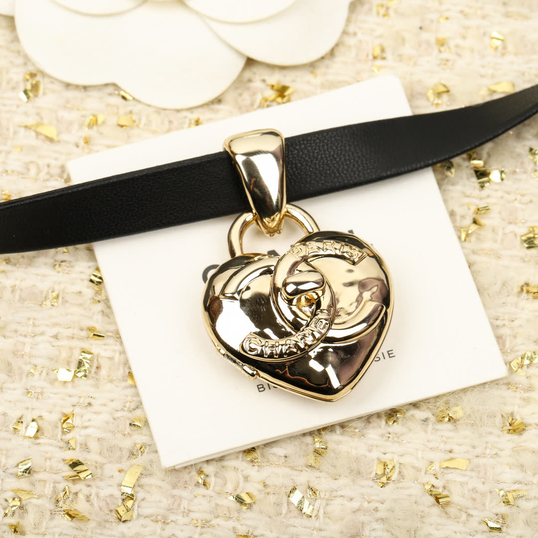Chanel Black Leather Necklace with Gold Heart Pendant