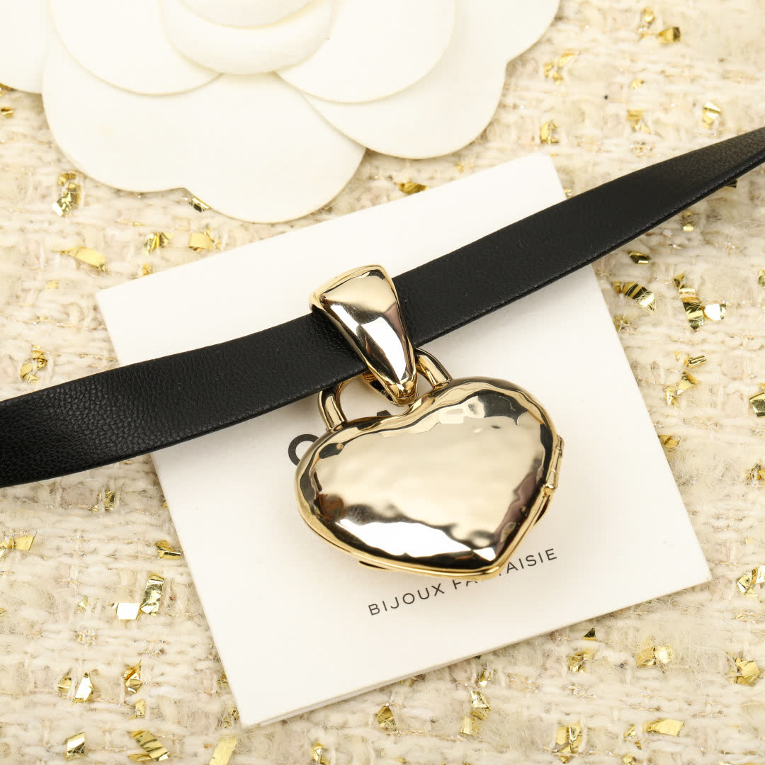 Chanel Black Leather Necklace with Gold Heart Pendant
