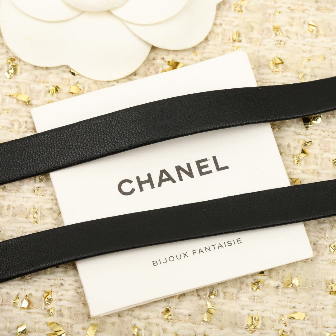Chanel Black Leather Necklace with Gold Heart Pendant
