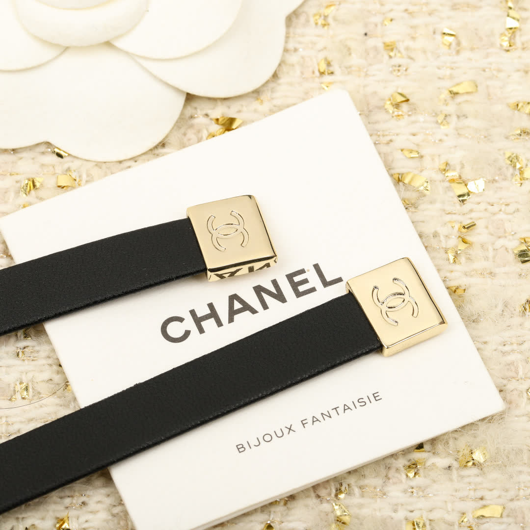 Chanel Black Leather Necklace with Gold Heart Pendant
