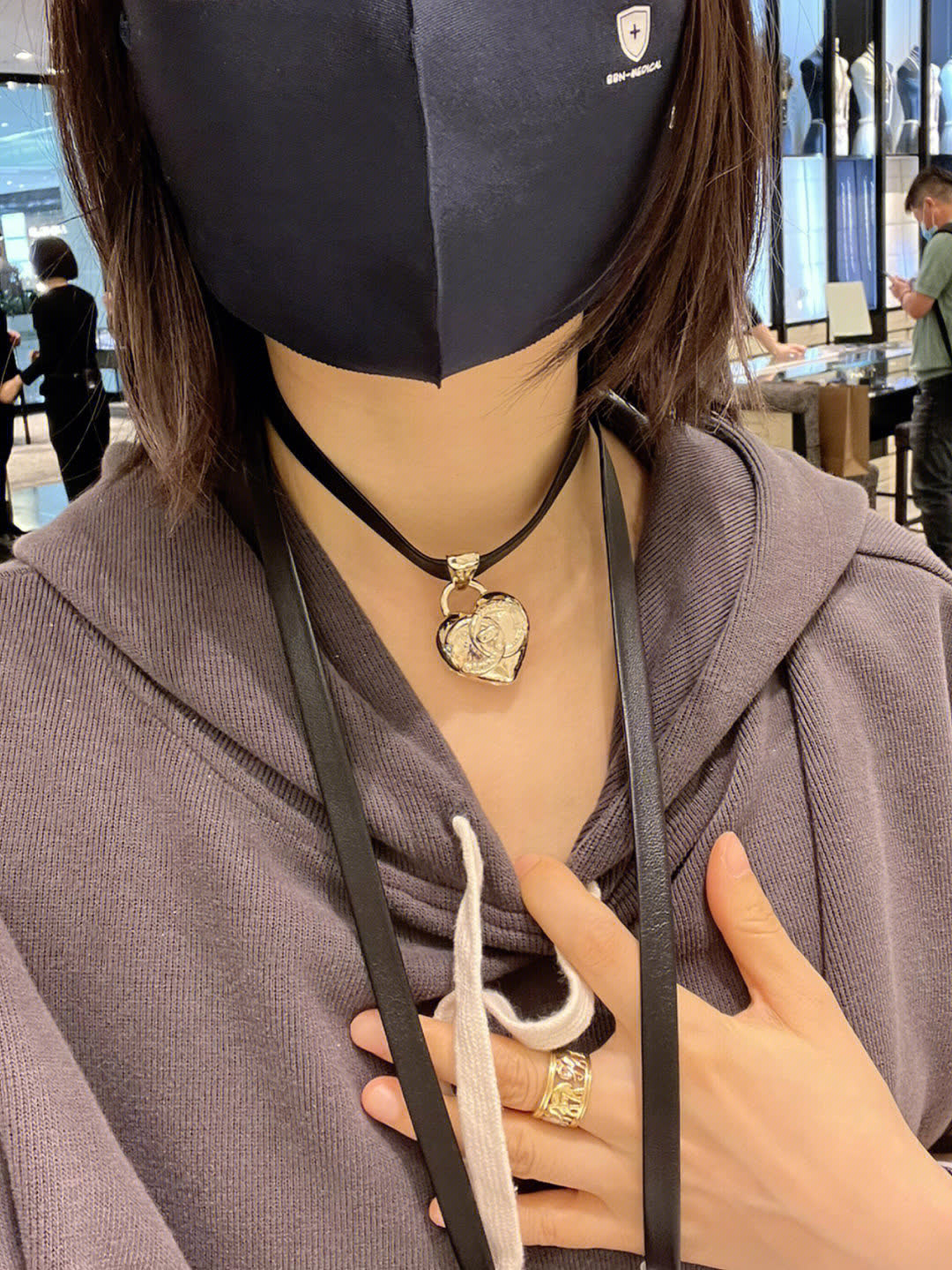 Chanel Black Leather Necklace with Gold Heart Pendant