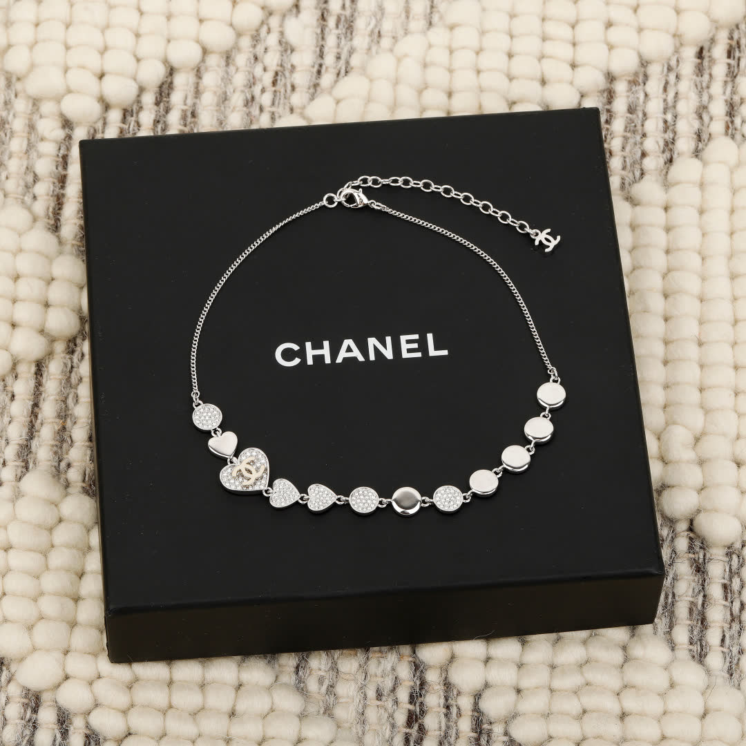 Chanel Silver Heart and Circle Link Necklace