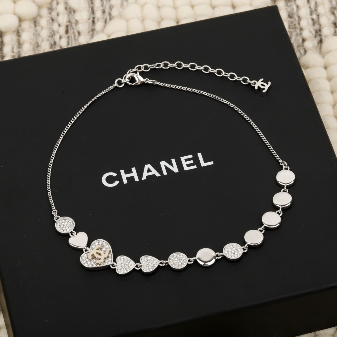 Chanel Silver Heart and Circle Link Necklace