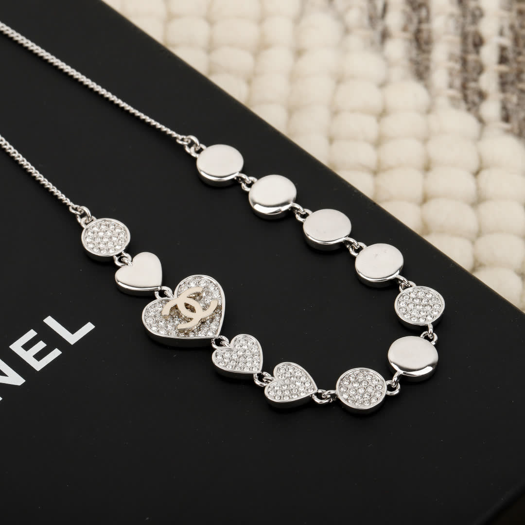 Chanel Silver Heart and Circle Link Necklace