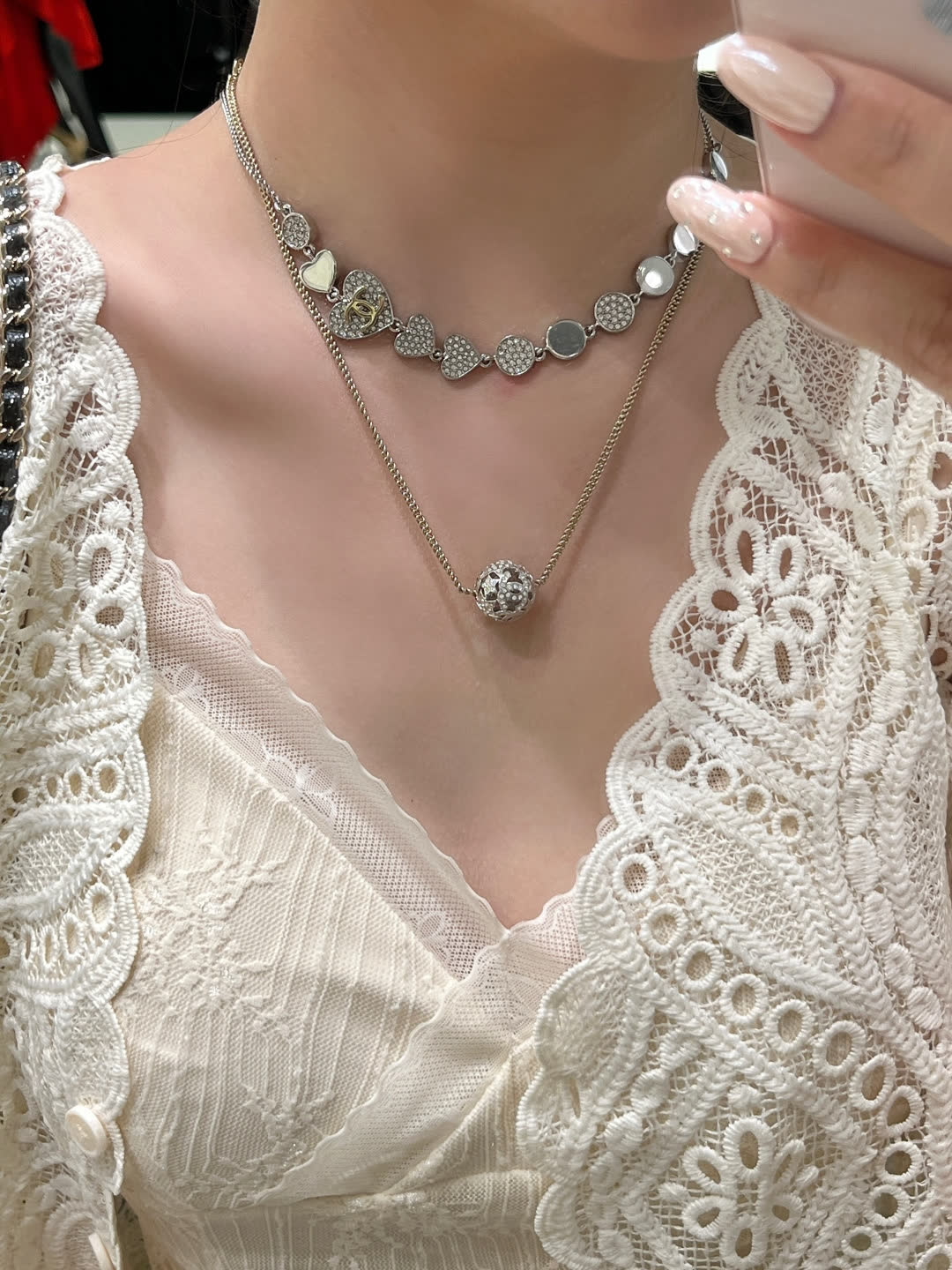 Chanel Silver Heart and Circle Link Necklace