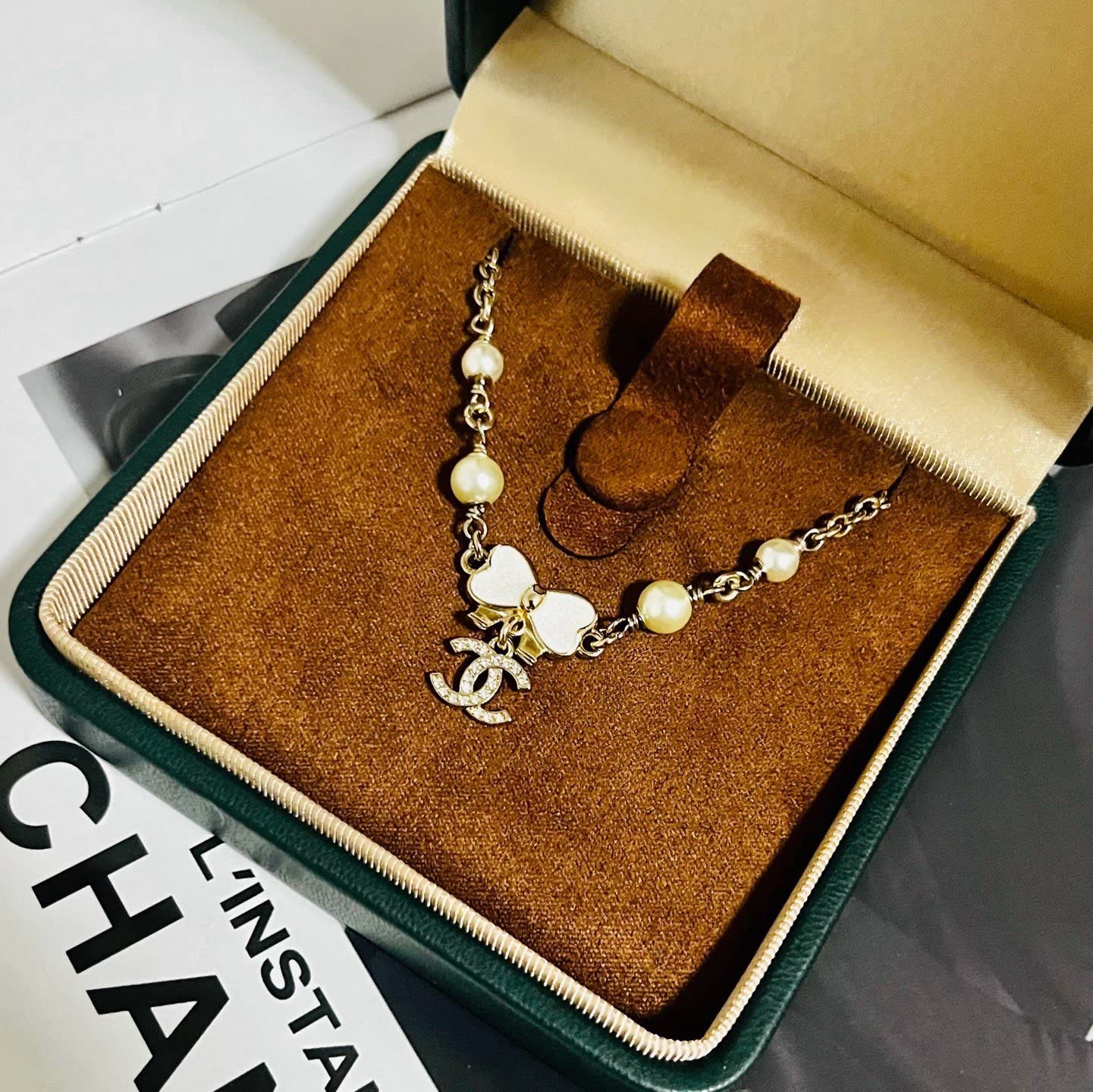Chanel Double C White Pearl and Crystal Chain Necklace