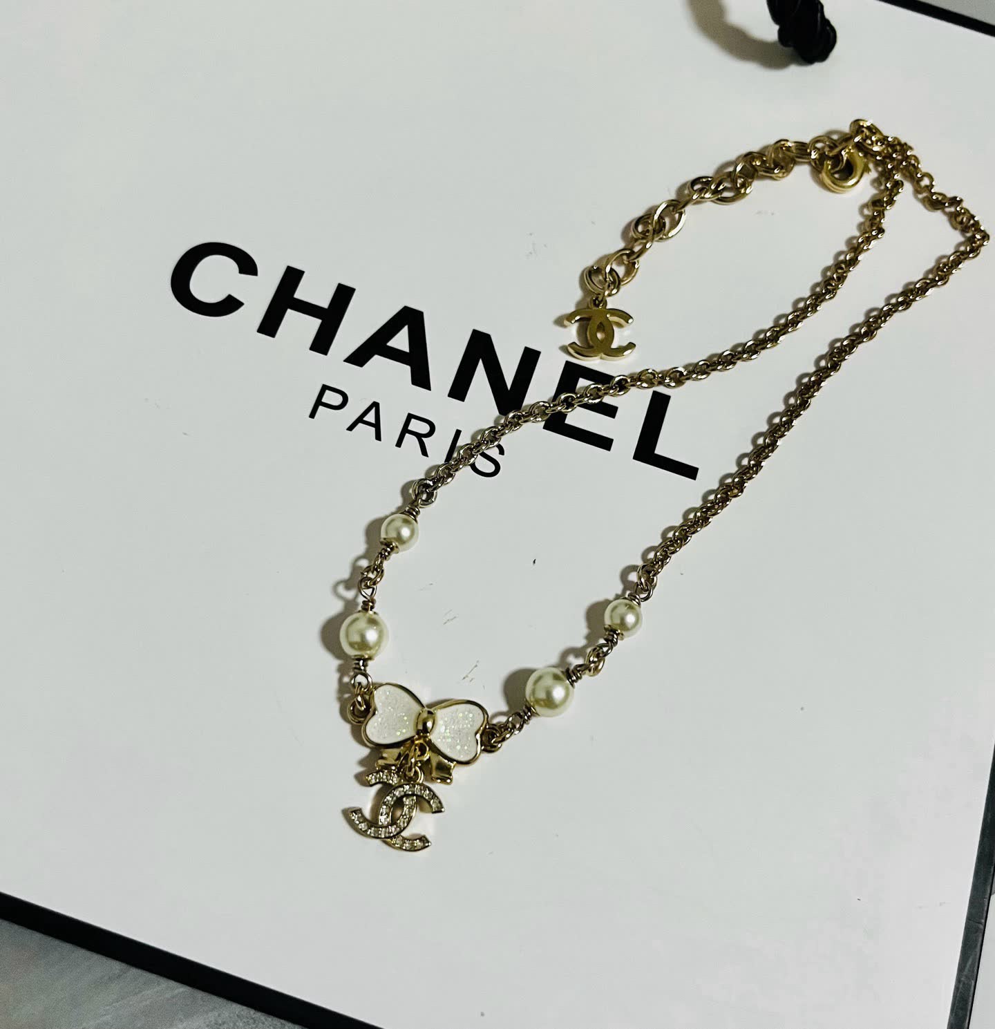 Chanel Double C White Pearl and Crystal Chain Necklace