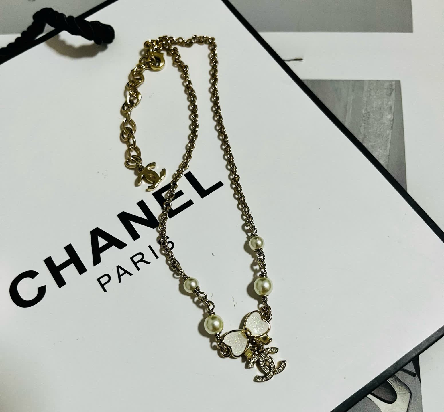 Chanel Double C White Pearl and Crystal Chain Necklace