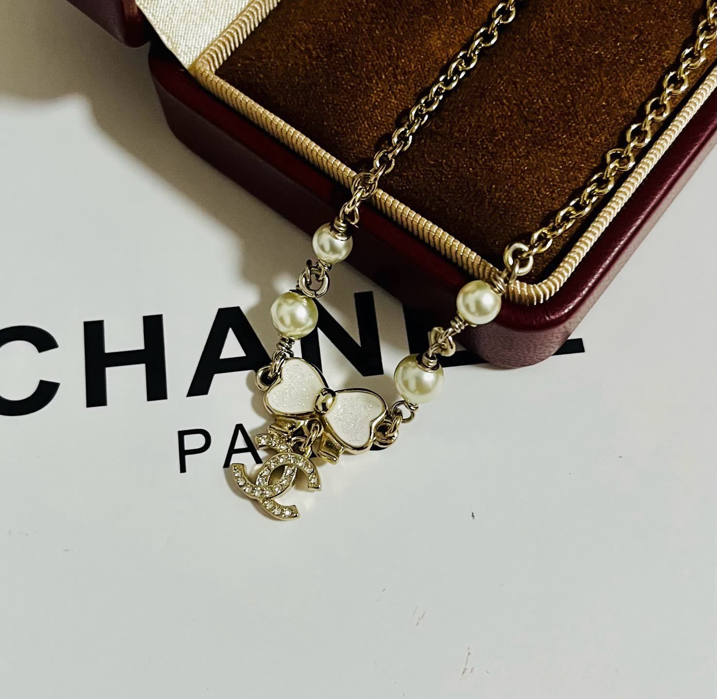 Chanel Double C White Pearl and Crystal Chain Necklace