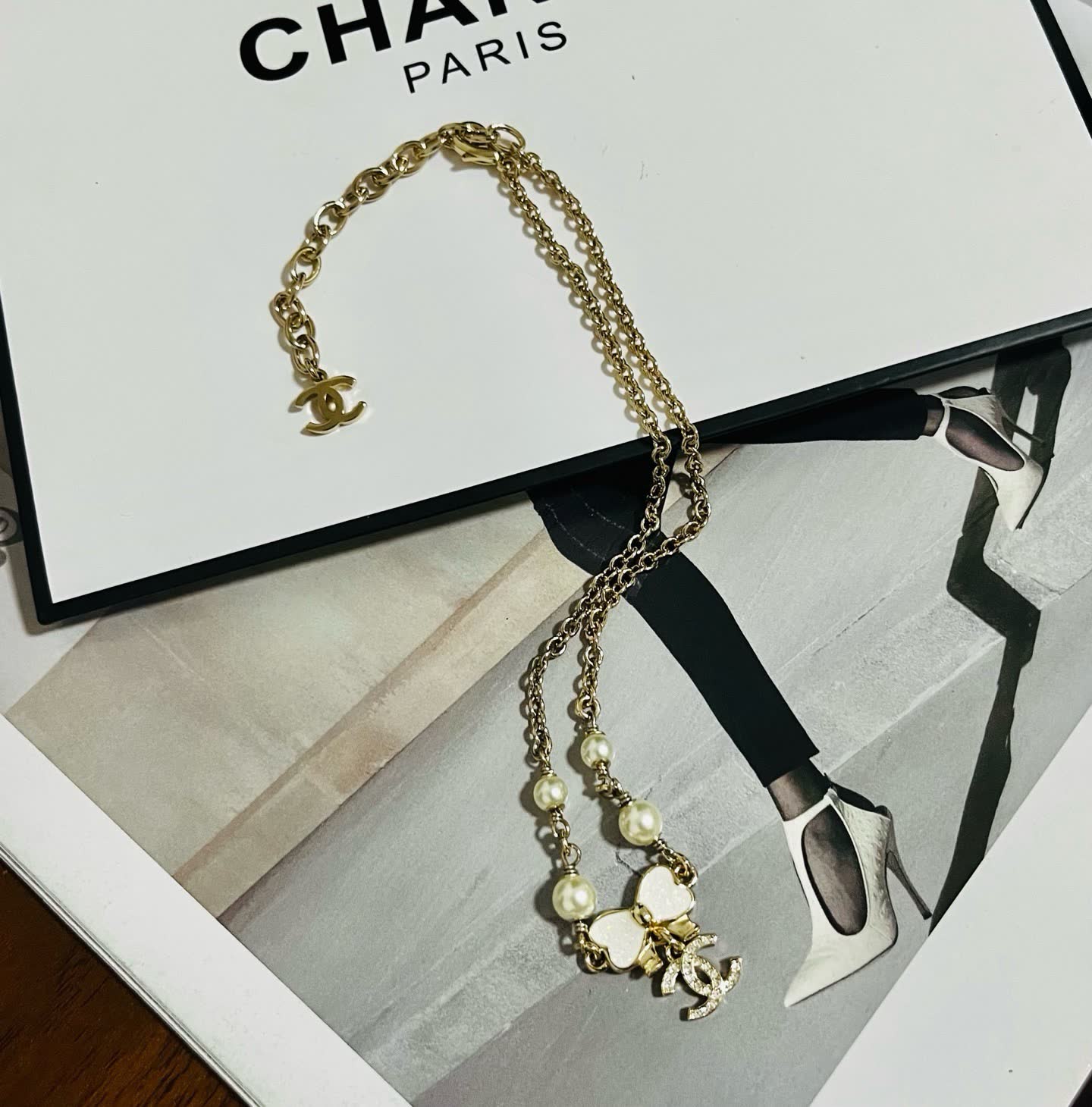 Chanel Double C White Pearl and Crystal Chain Necklace