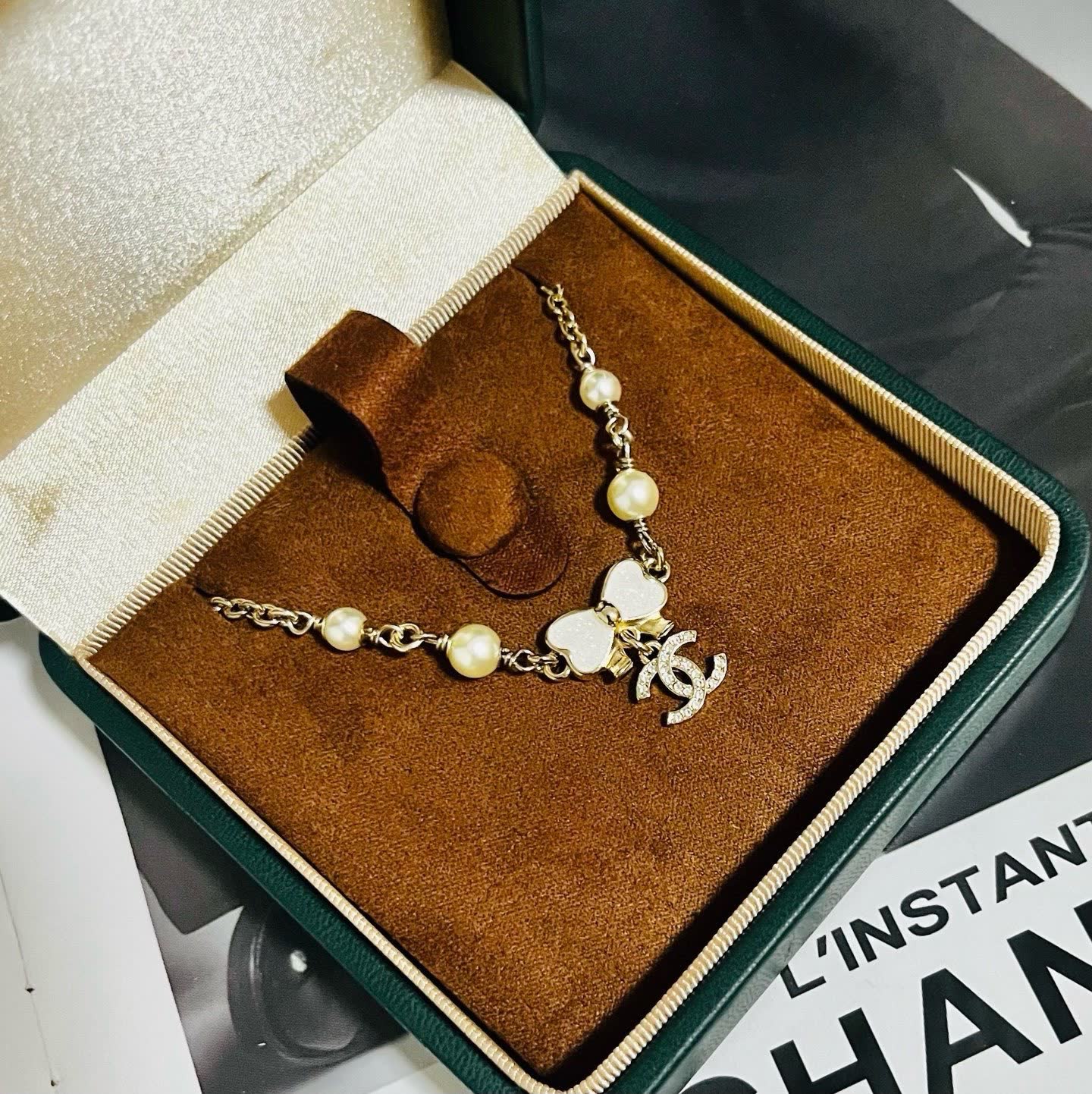 Chanel Double C White Pearl and Crystal Chain Necklace
