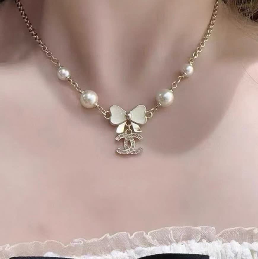 Chanel Double C White Pearl and Crystal Chain Necklace