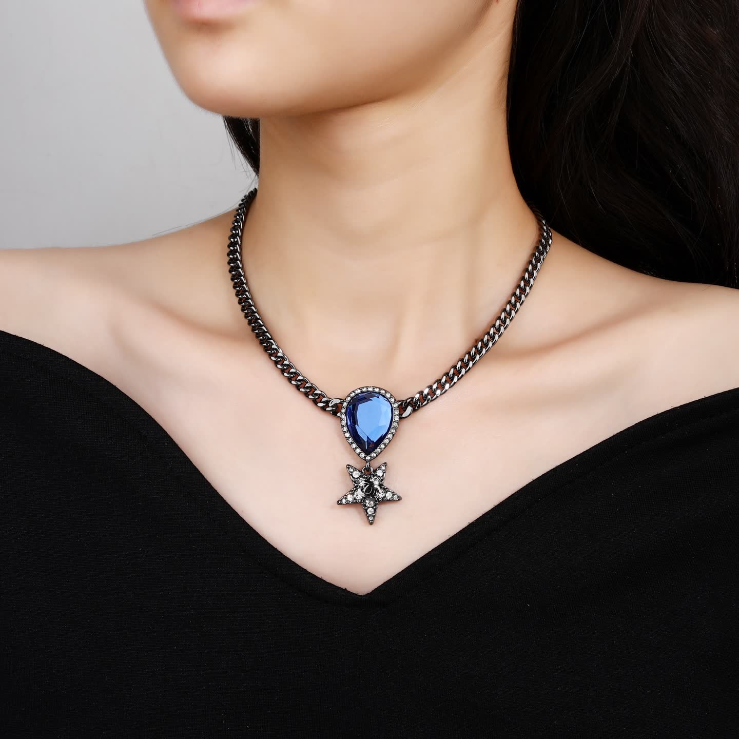 Chanel Elegant Blue Gemstone Star Pendant Necklace