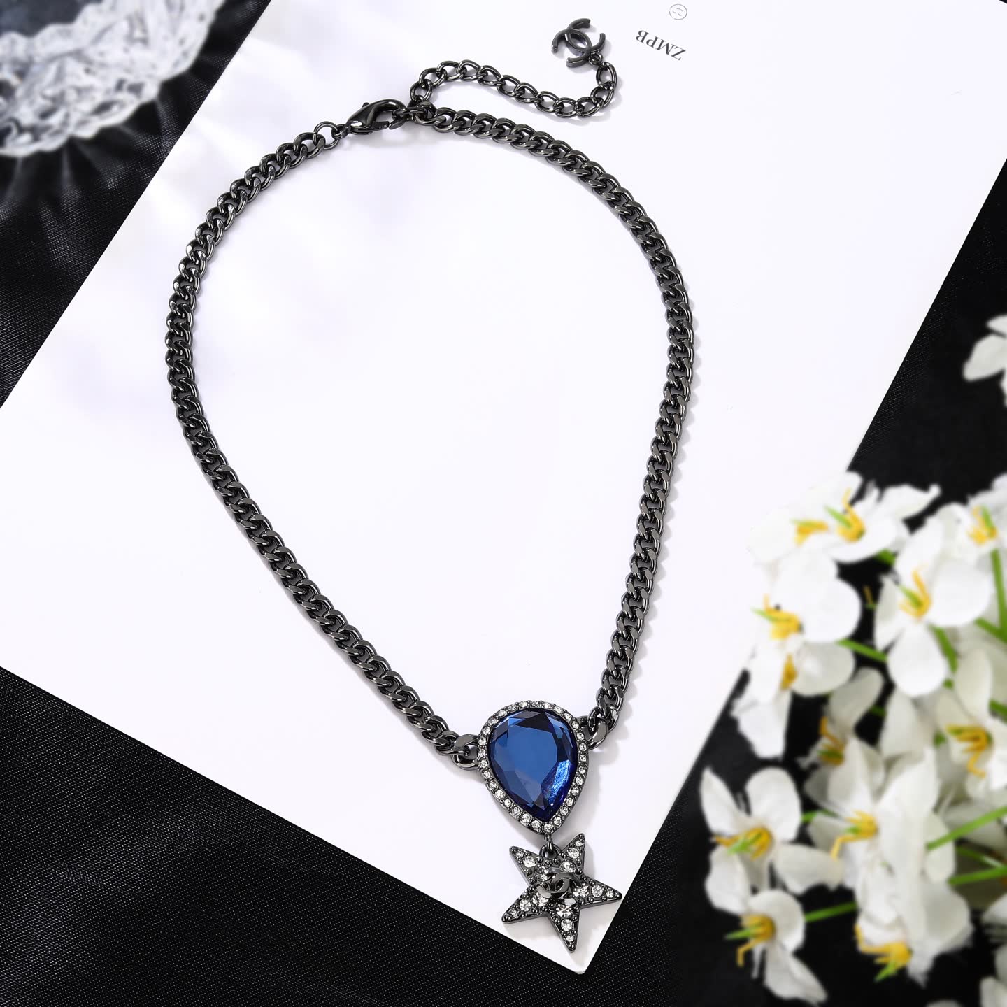 Chanel Elegant Blue Gemstone Star Pendant Necklace