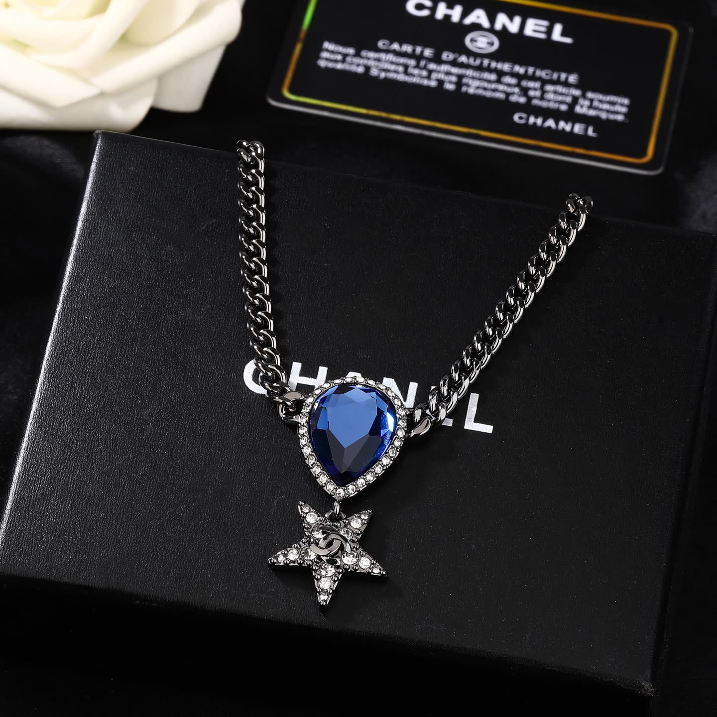 Chanel Elegant Blue Gemstone Star Pendant Necklace