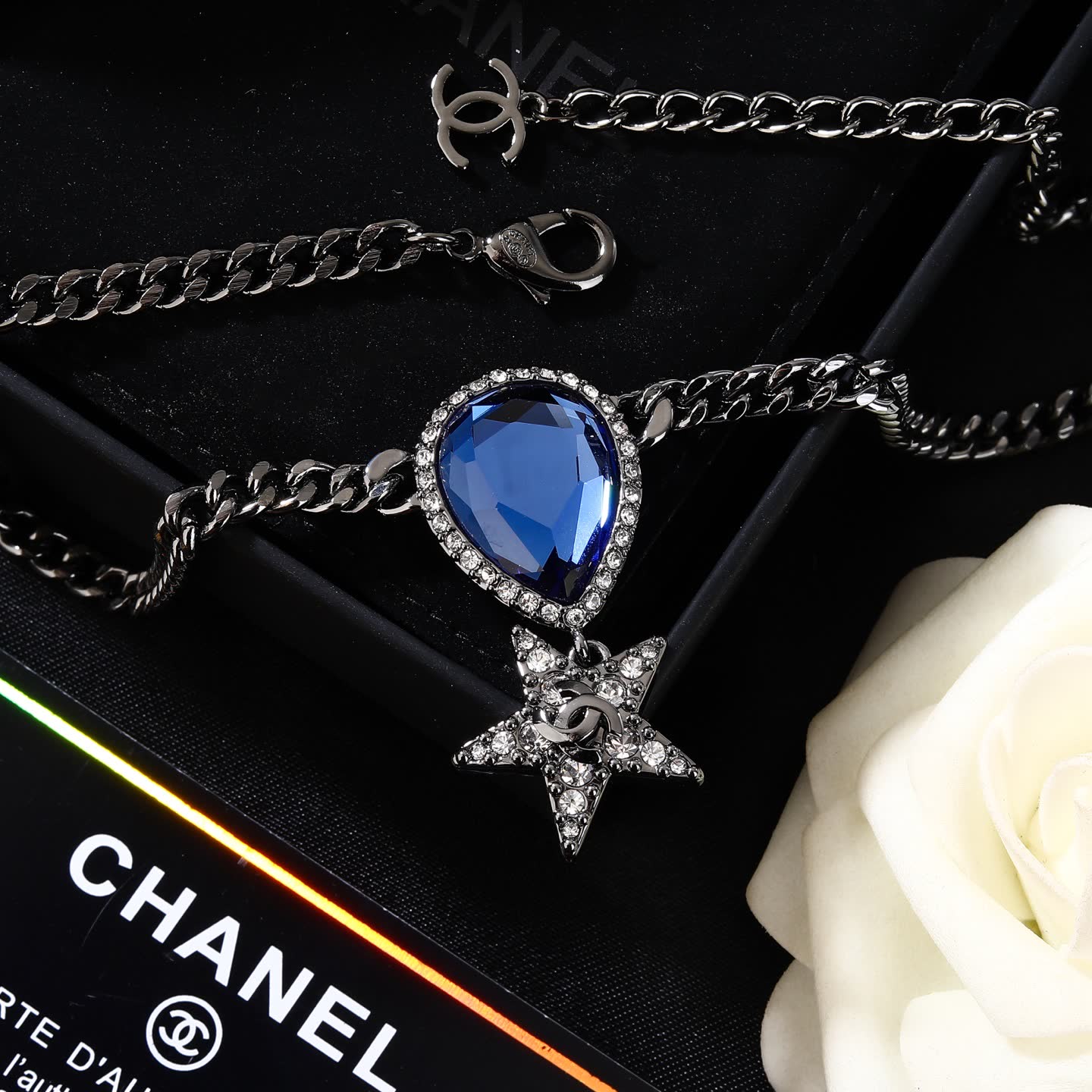 Chanel Elegant Blue Gemstone Star Pendant Necklace