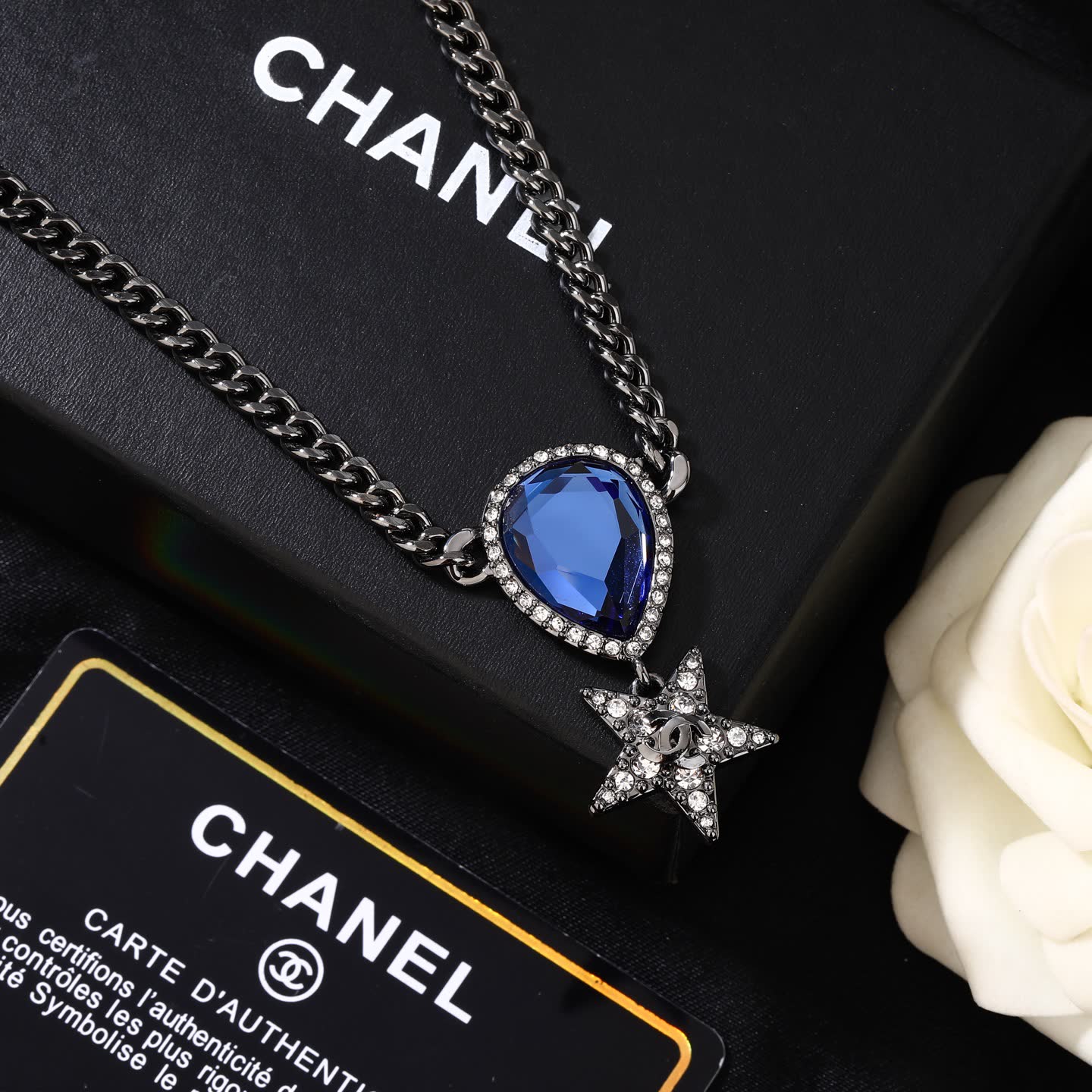Chanel Elegant Blue Gemstone Star Pendant Necklace