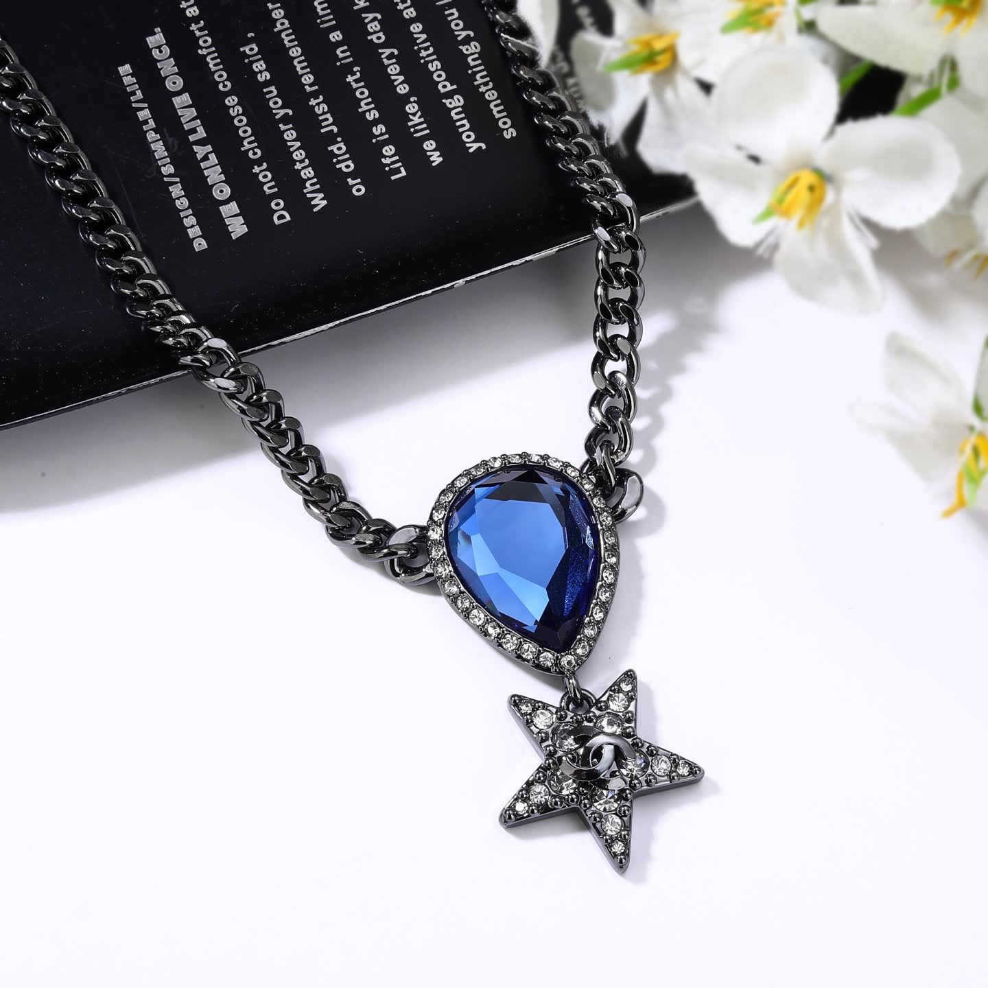 Chanel Elegant Blue Gemstone Star Pendant Necklace