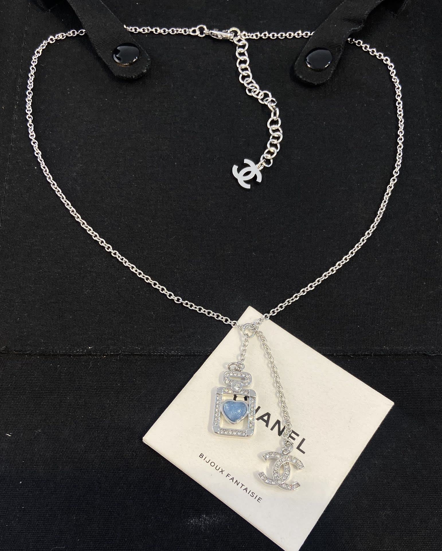Chanel Silver Necklace with Blue Stone Pendant