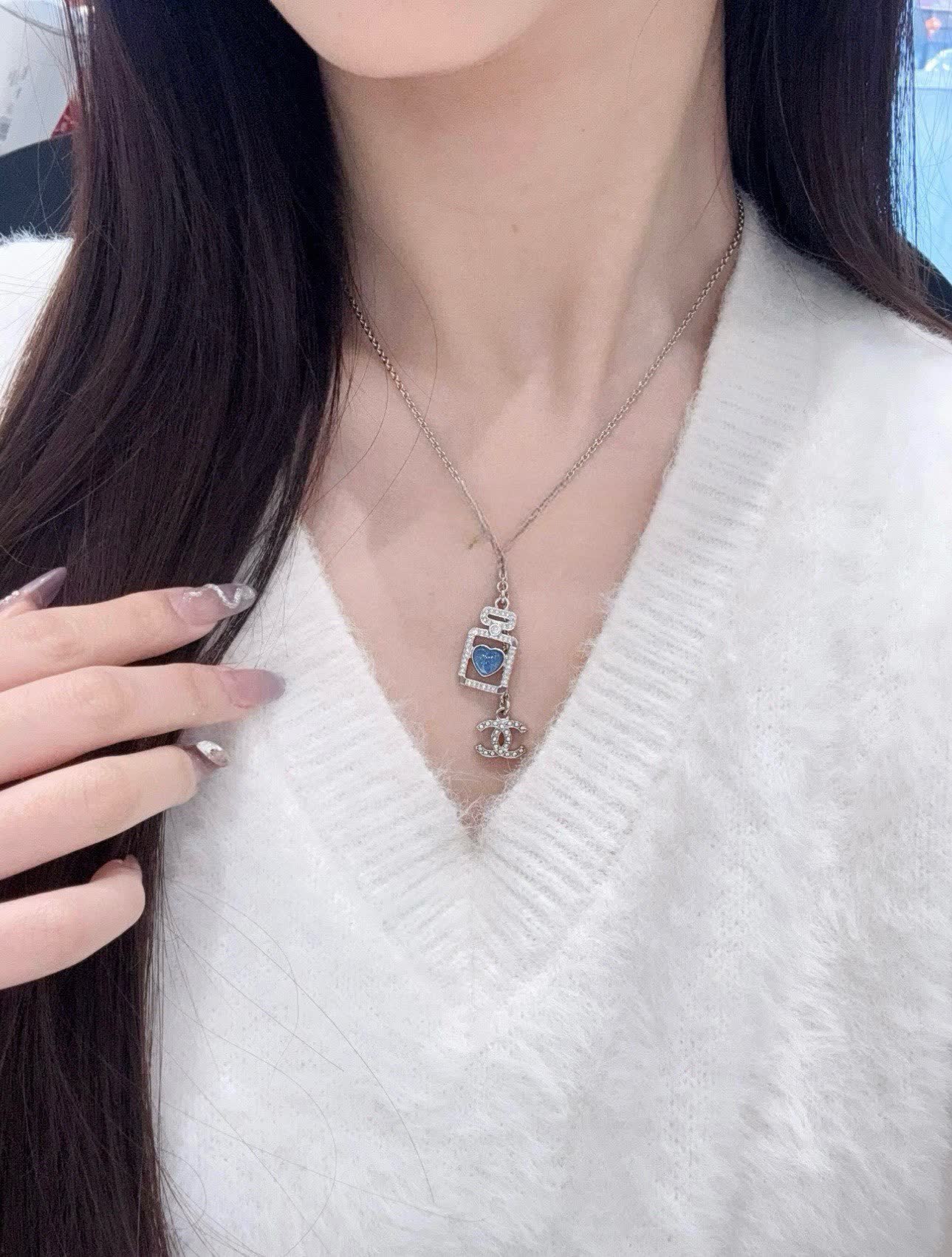 Chanel Silver Necklace with Blue Stone Pendant