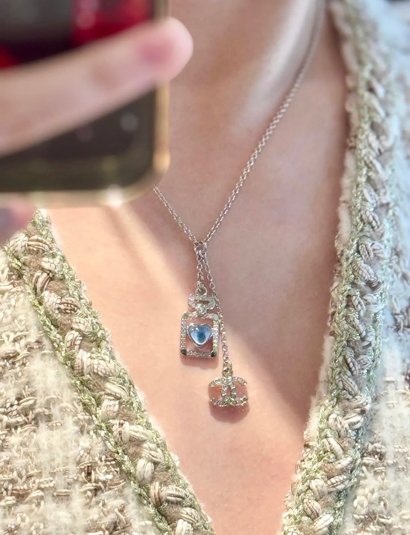 Chanel Silver Necklace with Blue Stone Pendant