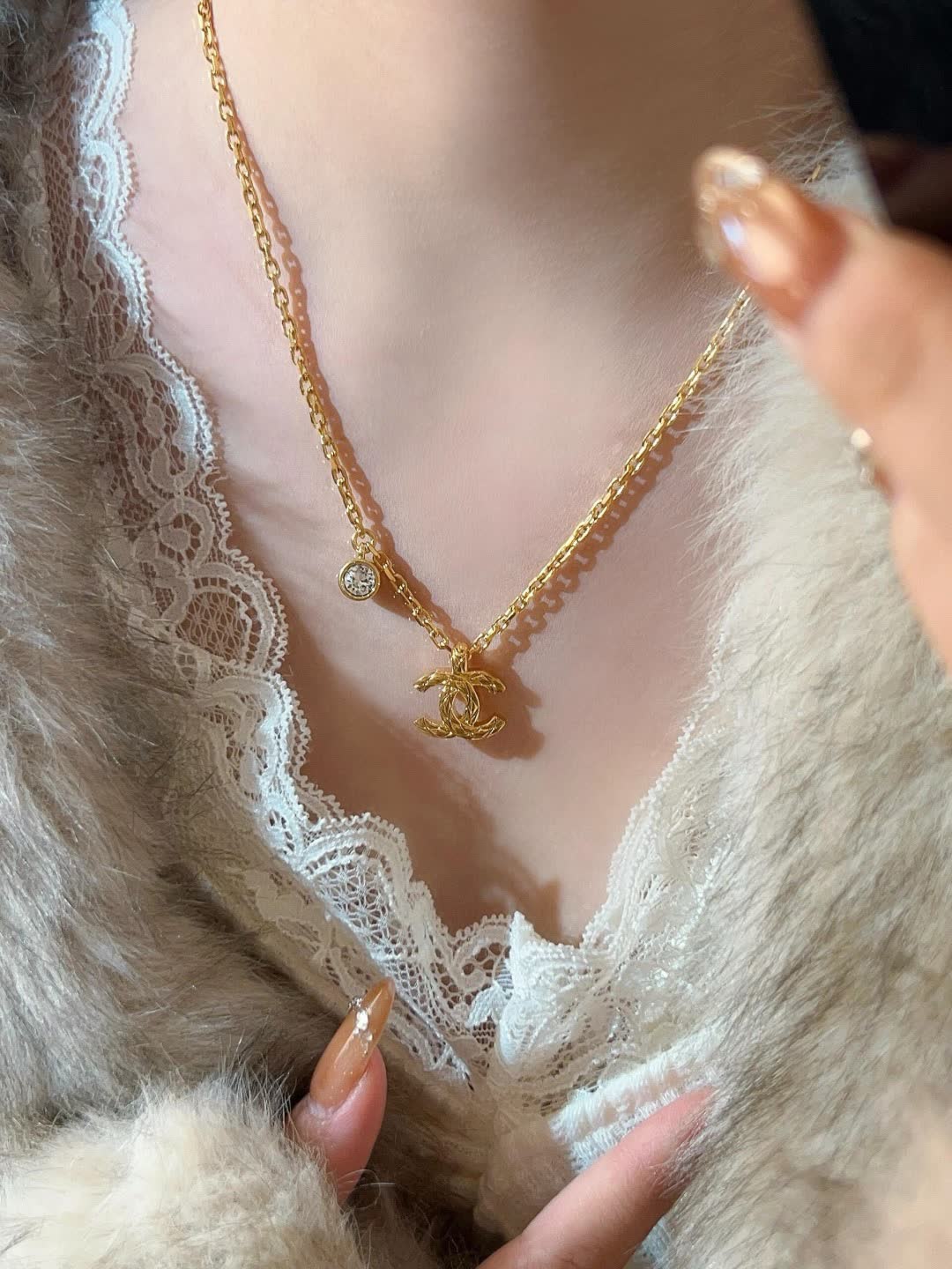 Chanel CC Logo Gold Tone Necklace with Crystal Charm