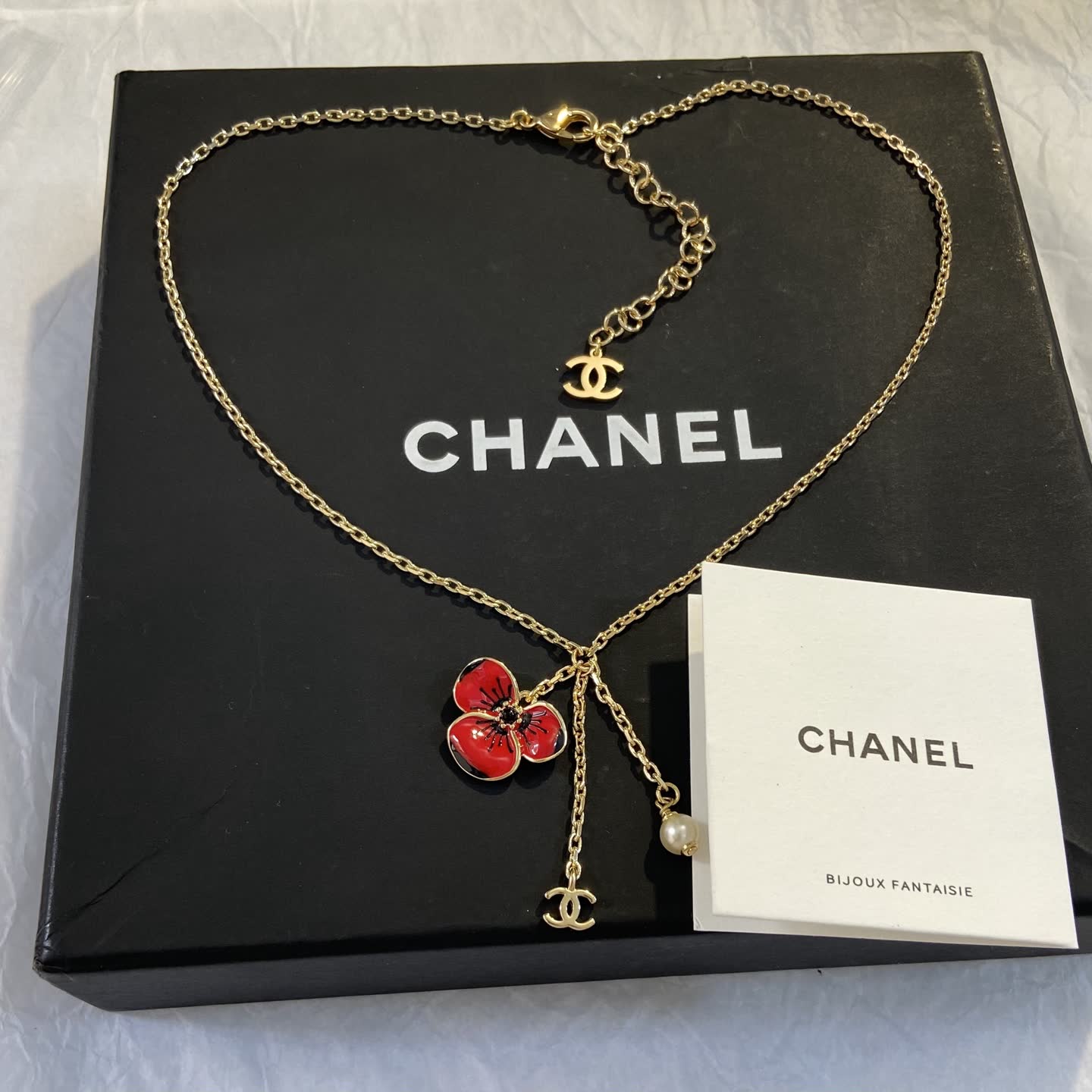 Chanel Gold Plated Enamel Flower and Pearl Necklace