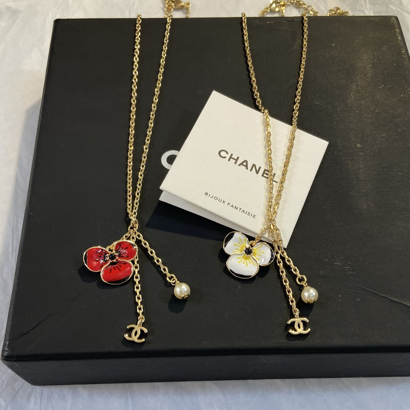 Chanel Gold Plated Enamel Flower and Pearl Necklace