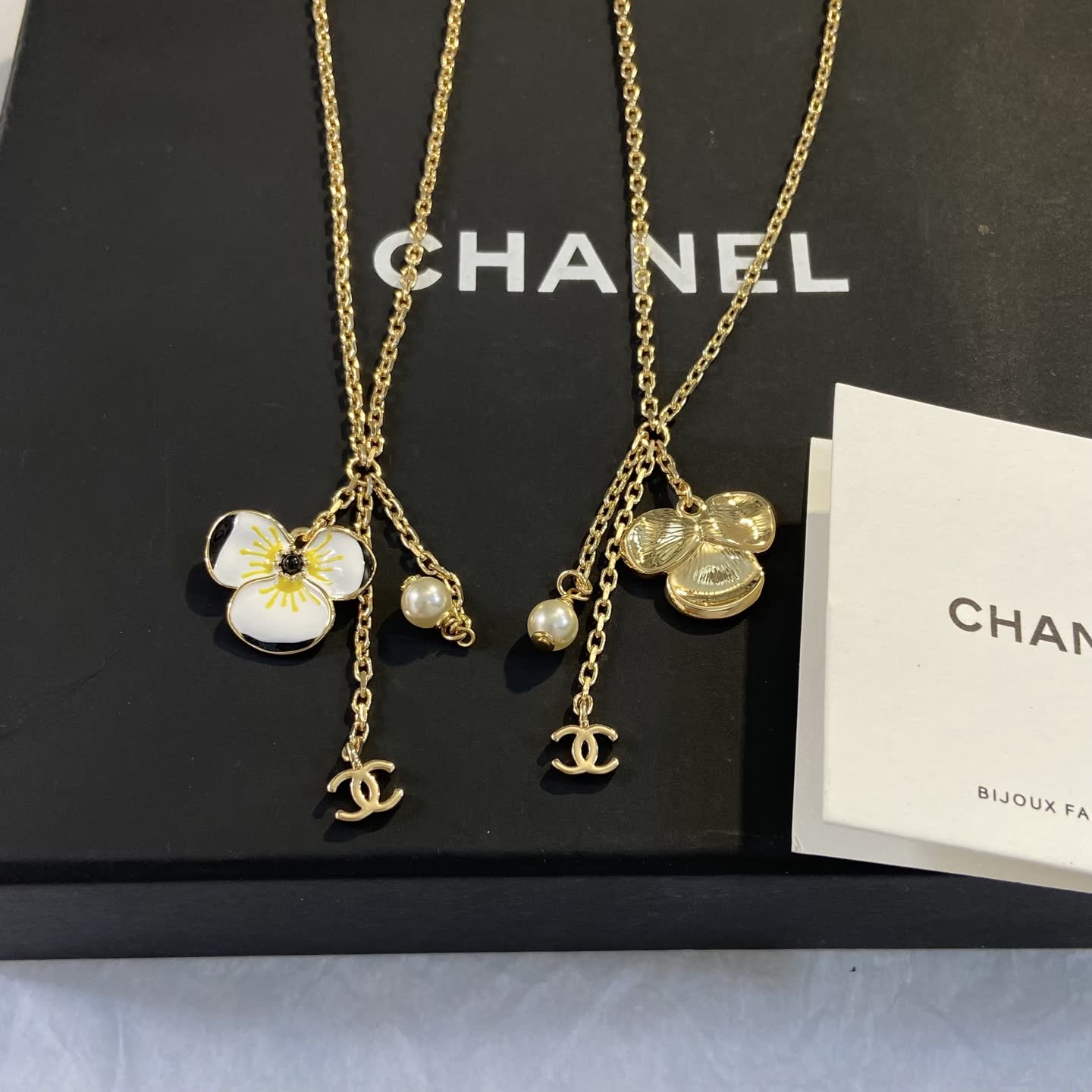 Chanel Gold Plated Enamel Flower and Pearl Necklace