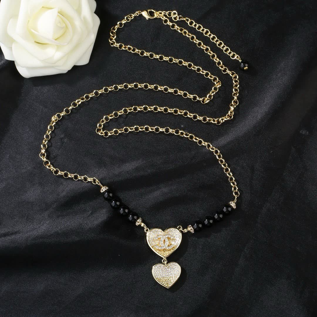 Chanel Heart Shaped Gold Plated Necklace with Black Beads