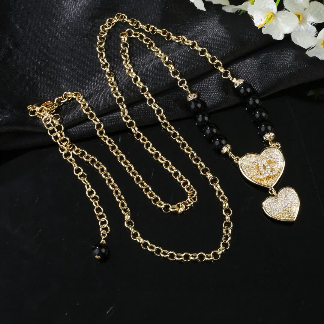 Chanel Heart Shaped Gold Plated Necklace with Black Beads