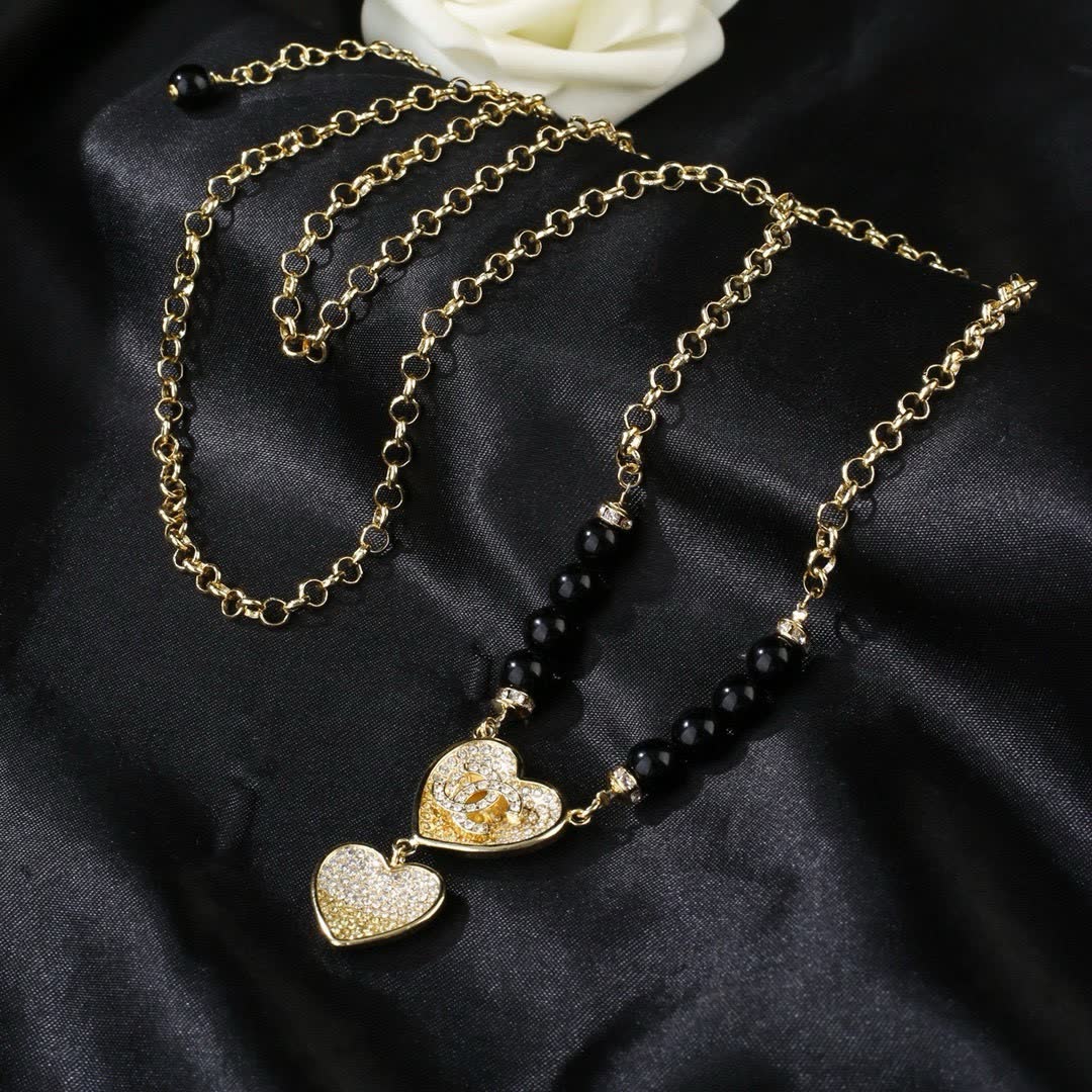 Chanel Heart Shaped Gold Plated Necklace with Black Beads