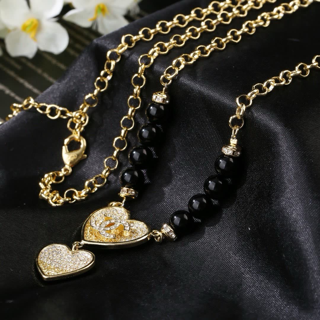 Chanel Heart Shaped Gold Plated Necklace with Black Beads