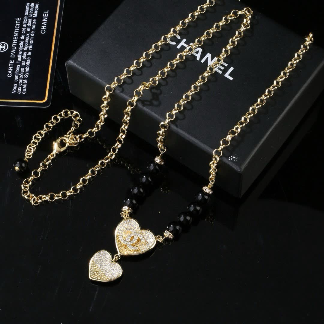 Chanel Heart Shaped Gold Plated Necklace with Black Beads