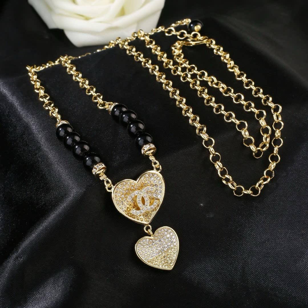 Chanel Heart Shaped Gold Plated Necklace with Black Beads