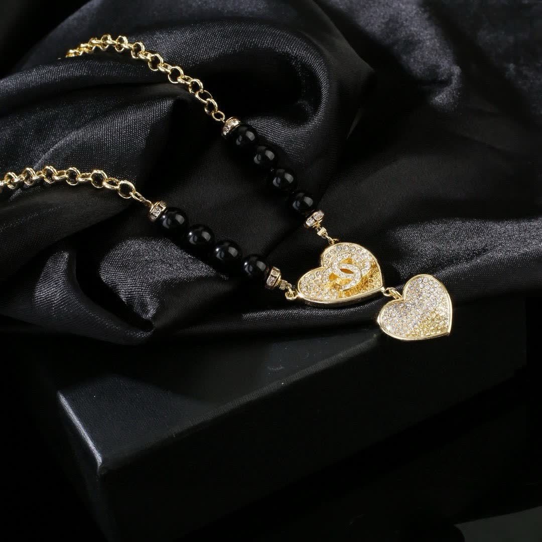Chanel Heart Shaped Gold Plated Necklace with Black Beads