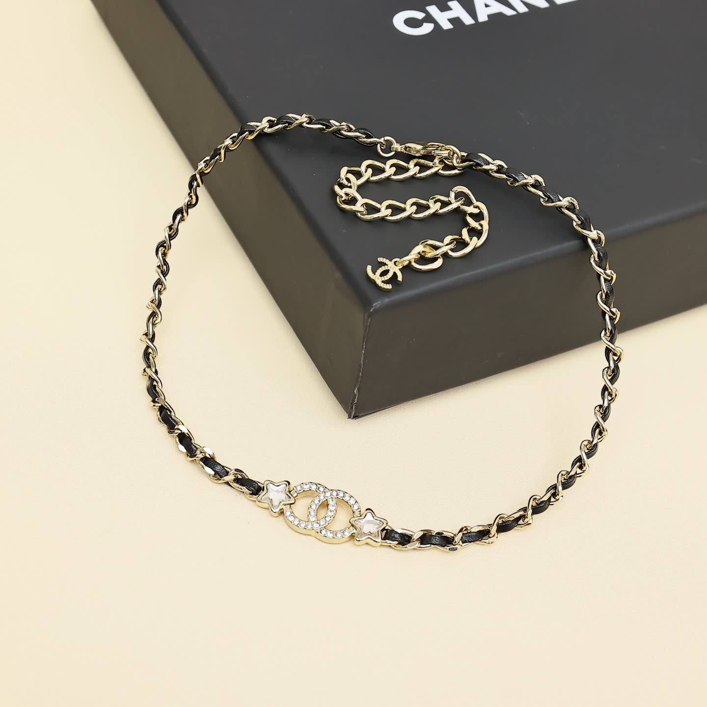 Chanel CC Logo Black Leather Choker Necklace