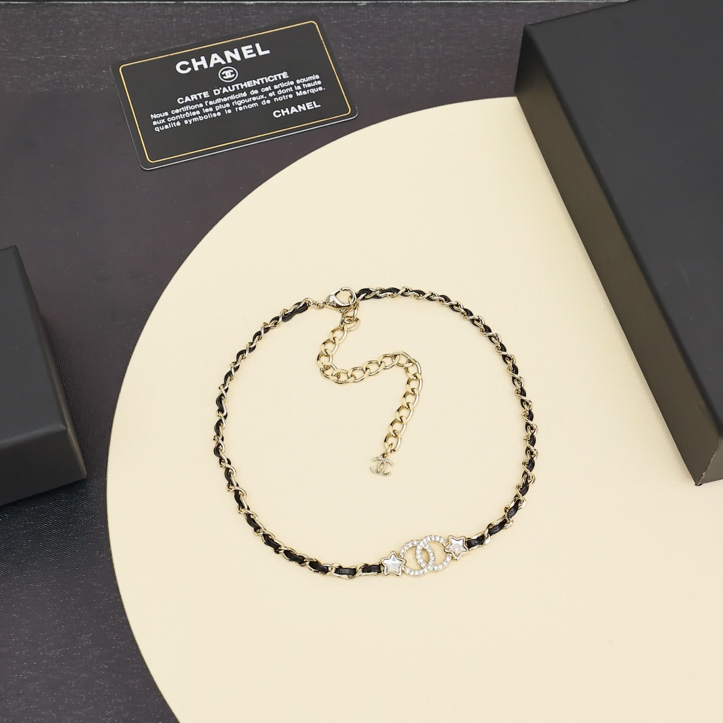 Chanel CC Logo Black Leather Choker Necklace