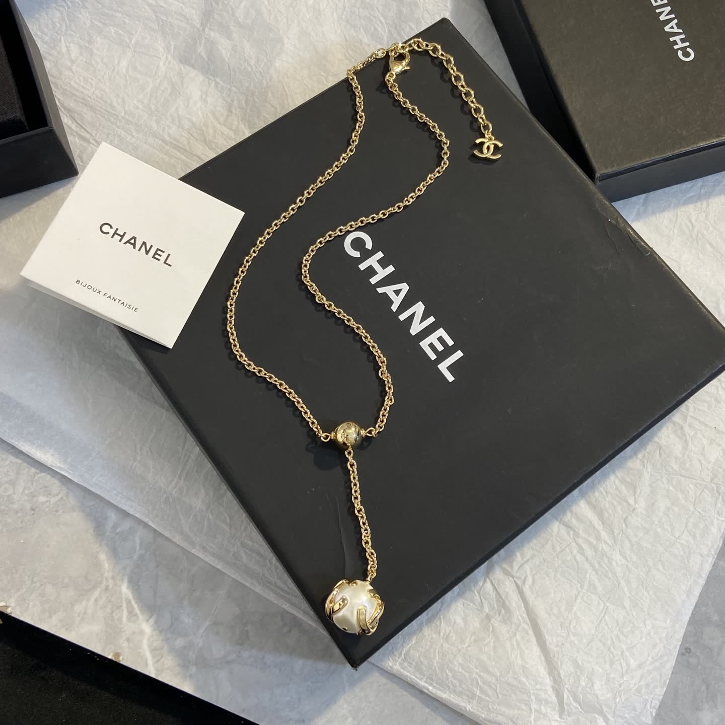 Chanel Gold-tone Chain Necklace with Beads