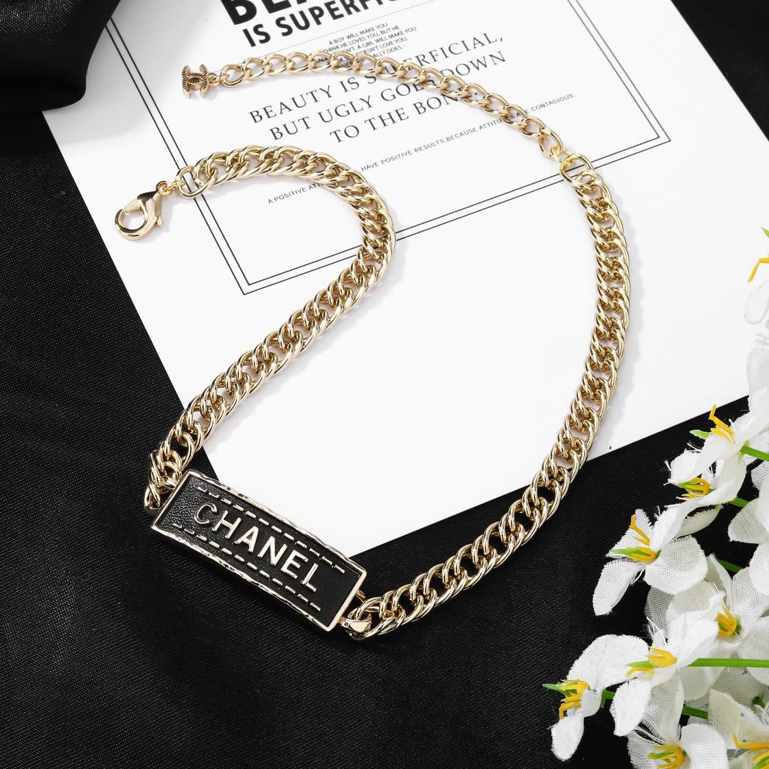 Chanel Gold Chain Necklace with Black Rectangle Logo