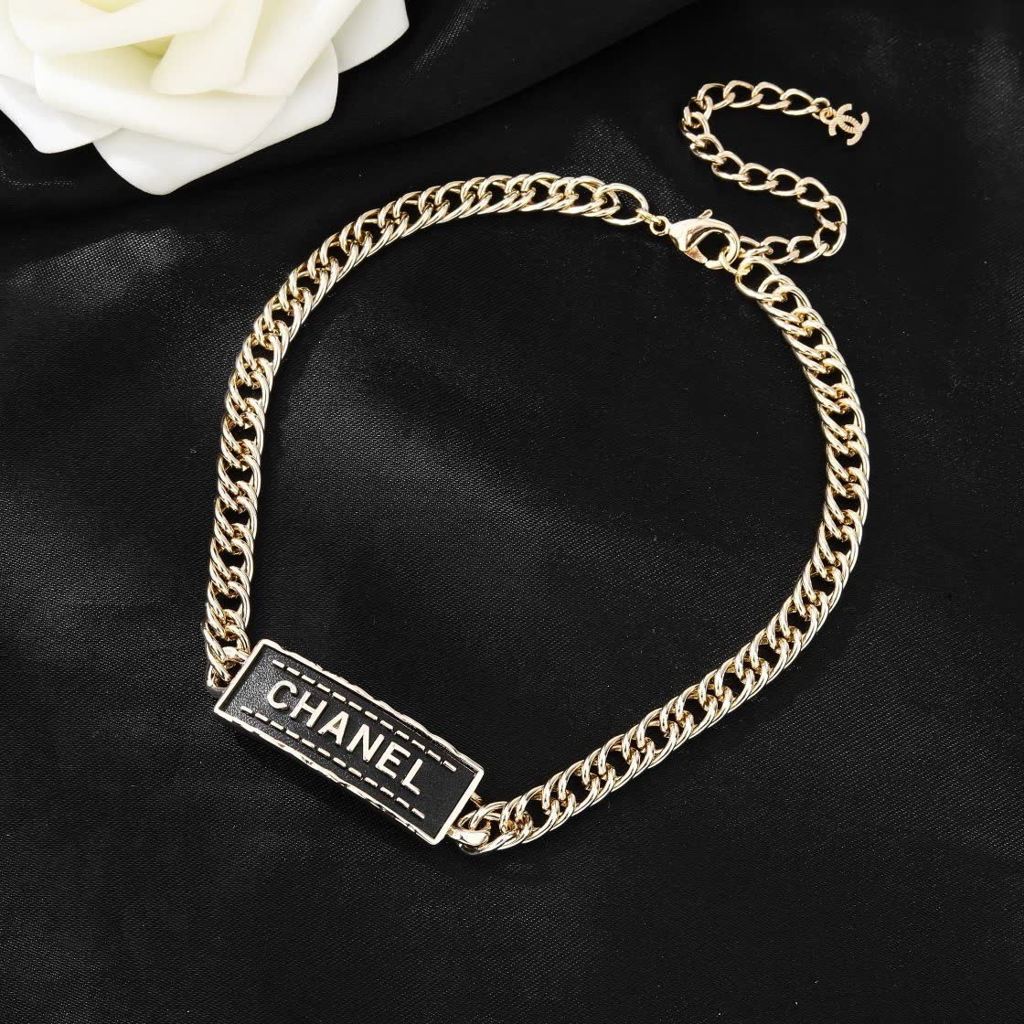 Chanel Gold Chain Necklace with Black Rectangle Logo