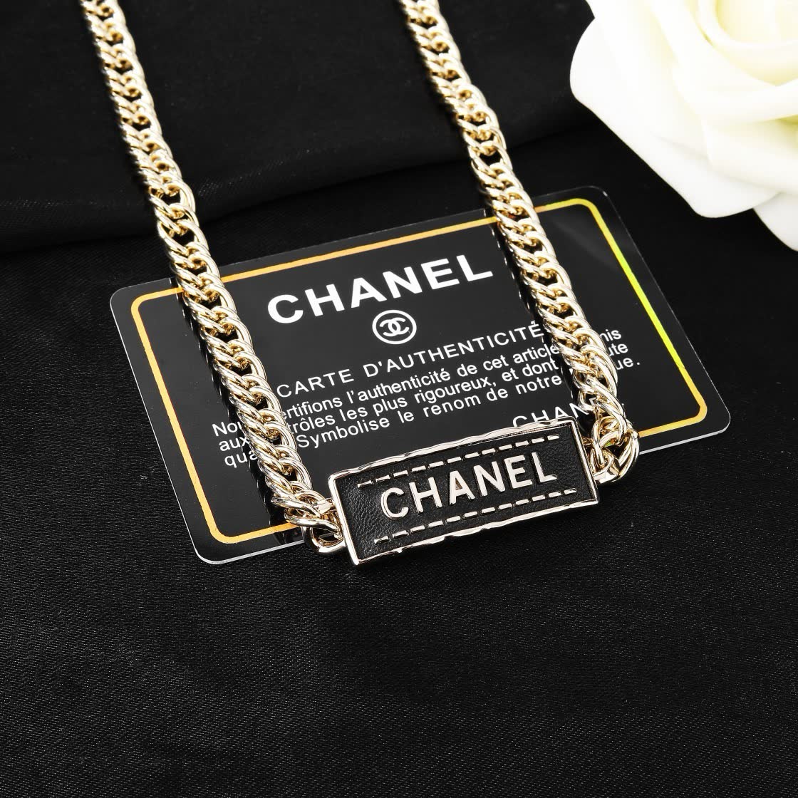 Chanel Gold Chain Necklace with Black Rectangle Logo