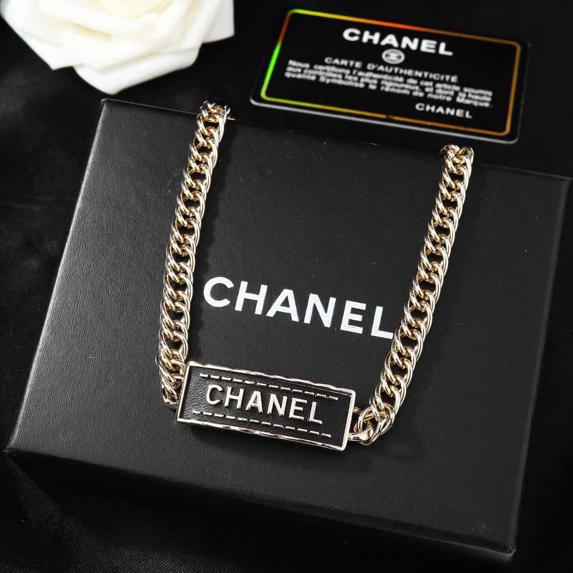 Chanel Gold Chain Necklace with Black Rectangle Logo