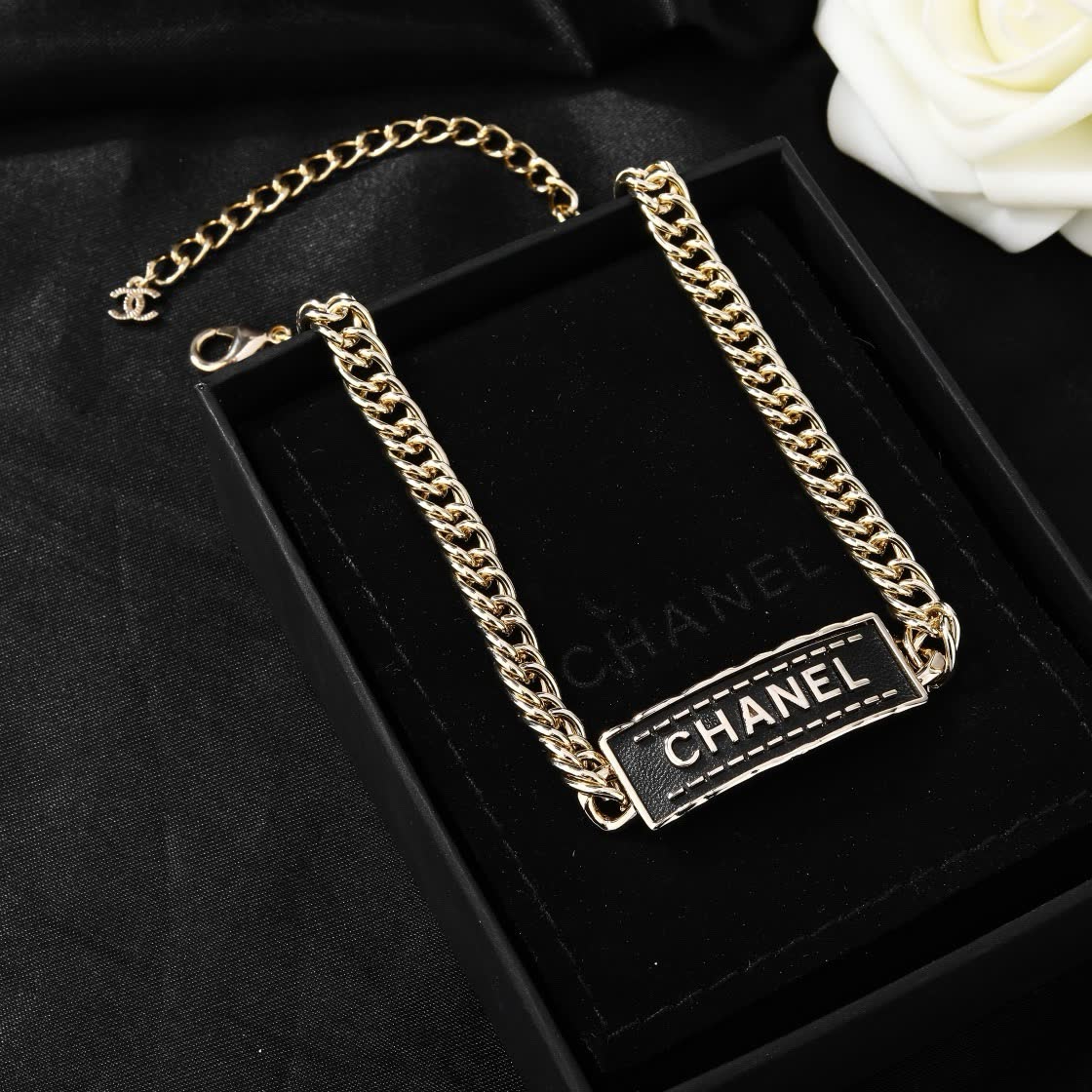 Chanel Gold Chain Necklace with Black Rectangle Logo
