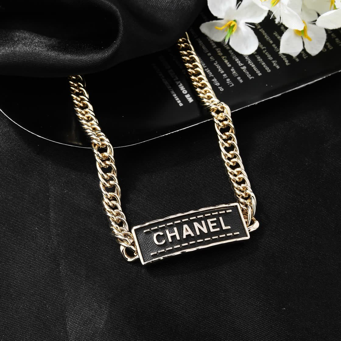Chanel Gold Chain Necklace with Black Rectangle Logo